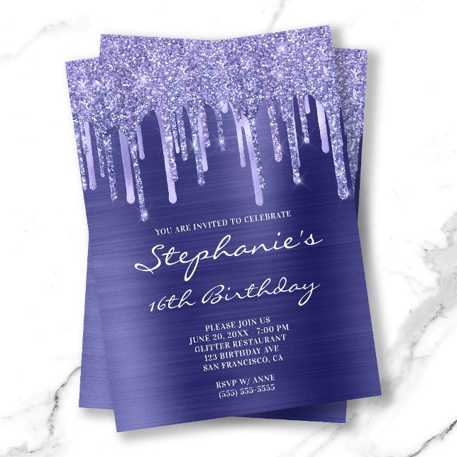 Convite Aniversário de 16 anos com Brilho e Lâmina de Peri (Periwinkle Foil and Glitter Drip 16th Birthday Invitation)