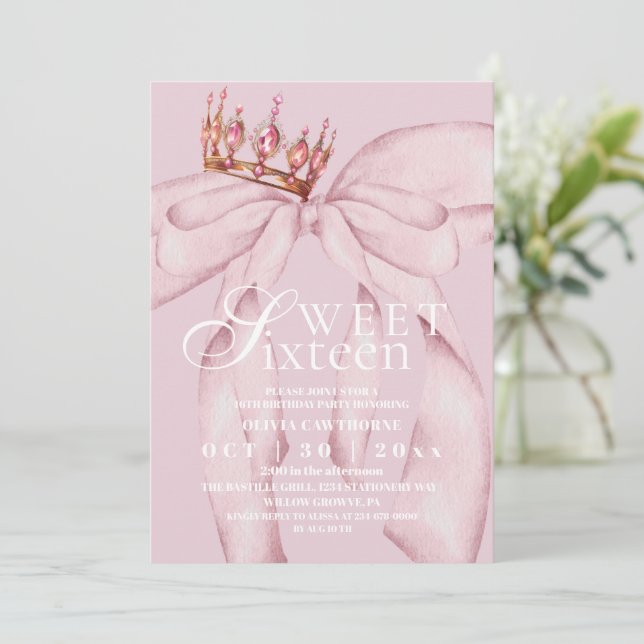Convite Aniversário de 16 anos com laço cor-de-rosa modern (Em pé/Frente)
