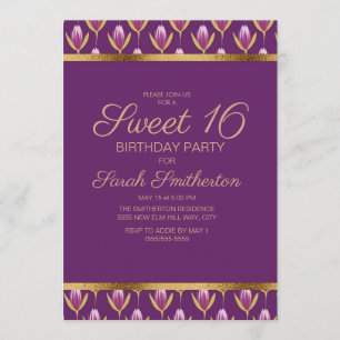 Convite Aniversário de 16 anos doce e elegante em roxo flo