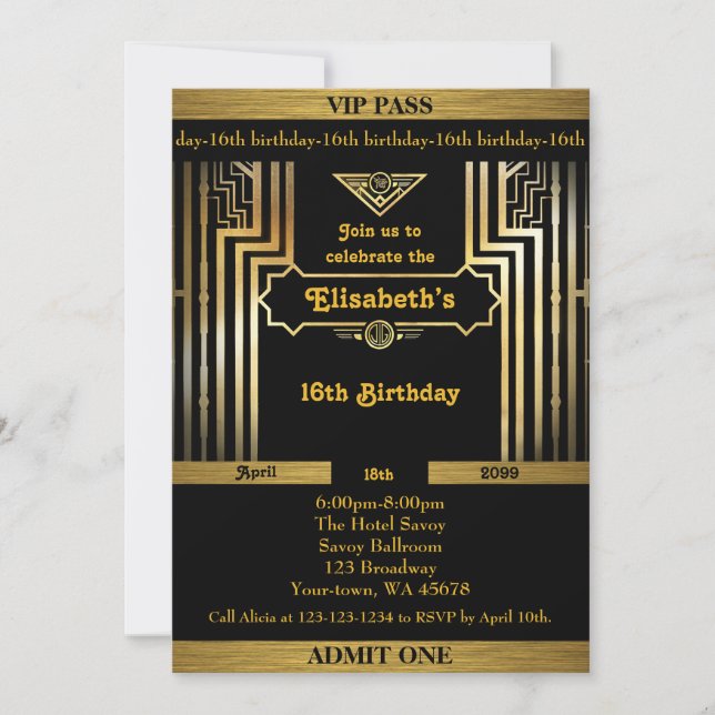 Convite Aniversário de 16 anos, estilo Gatsby, ingresso, p (Frente)