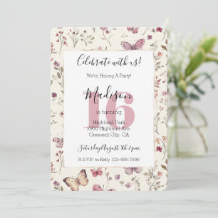Convite Aniversário de 16 anos Floral Borboletas Rosa Roxo
