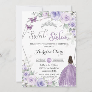 Convite Aniversário de 16 anos Floral Roxo Princesa Prata