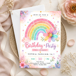Convite Aniversário de 16 anos Glitter Rainbow Sweet