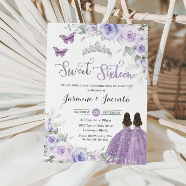Convite Aniversário de 16 anos Lilás Roxo Floral Princesas (Criador carregado)