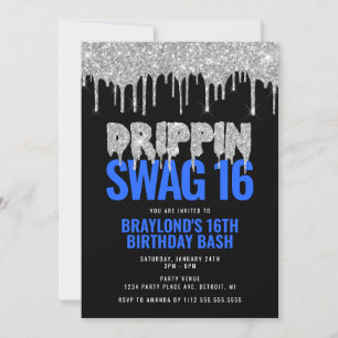 Convite Aniversário de 16 anos Silver and Blue Drippin Swa
