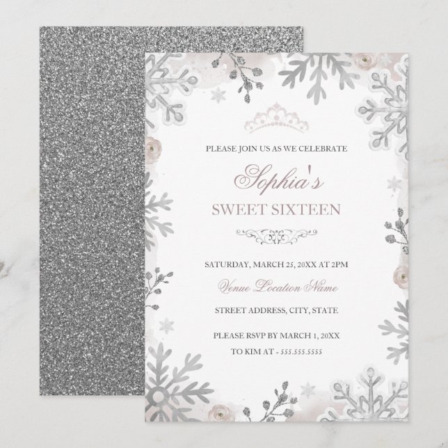 Convite Aniversário de 16 anos Silver Blush Winter Wonderl (Frente/Verso)