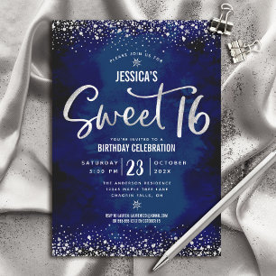 Convite Aniversário de 16 anos Silver Script Navy Watercol