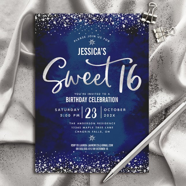 Convite Aniversário de 16 anos Silver Script Navy Watercol (Criador carregado)