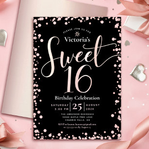 Convite Aniversário de 16 anos Sweet Black Rose Dourado Sc