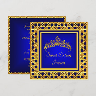 Convite Aniversário de 16 Anos Tiara Azul Real Dourado Pr