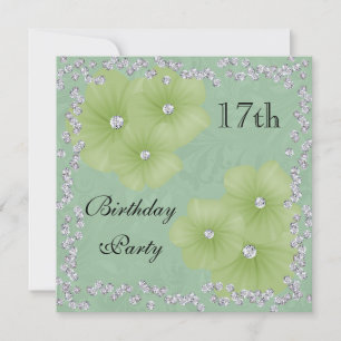 Convite Aniversário de 17 anos Green Damask & Flores