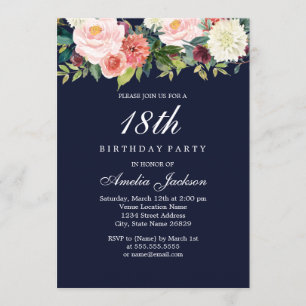 Convite Aniversário de 18 anos Floral Botânico Navy Peach