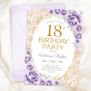 Convite Aniversário de 18 anos Floral Lilás Roxo Dourado