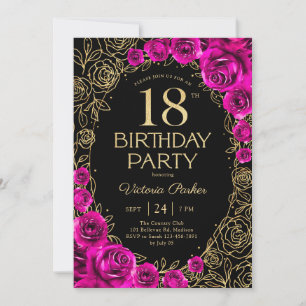 Convite Aniversário de 18 anos Floral Rosa Fúcsia Preto e