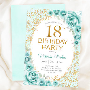 Convite Aniversário de 18 anos Floral Turquesa Dourado