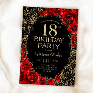Convite Aniversário de 18 anos Floral Vermelho Preto Doura