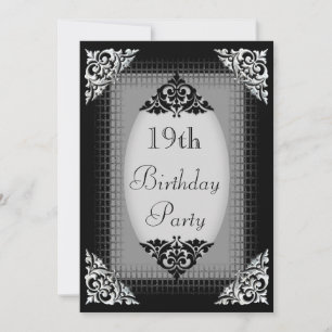 Convite Aniversário de 19 anos elegante preto e prata