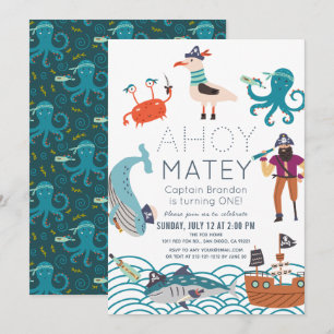 Convite Aniversário de 1 ano Ahoy Matey Pirata Animais Mar