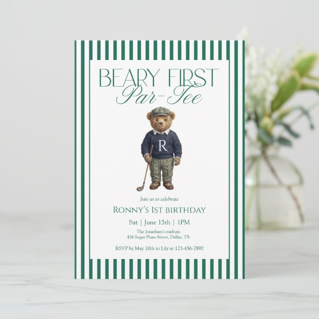 Convite Aniversário de 1 ano Beary First Par-Tee Golf (Em pé/Frente)