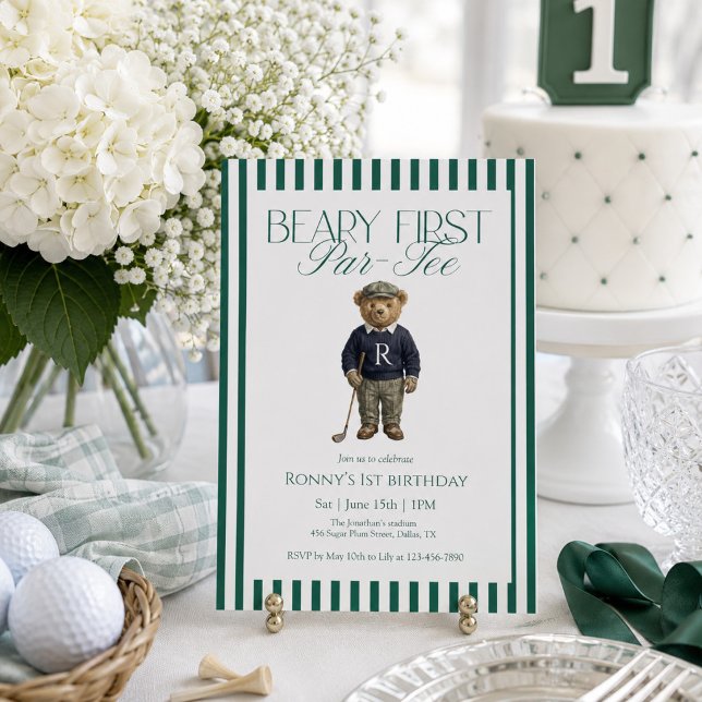 Convite Aniversário de 1 ano Beary First Par-Tee Golf (Criador carregado)