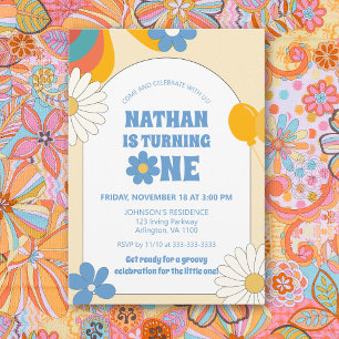 Convite Aniversário de 1 ano Beige Retro Vinyl Floral Groo