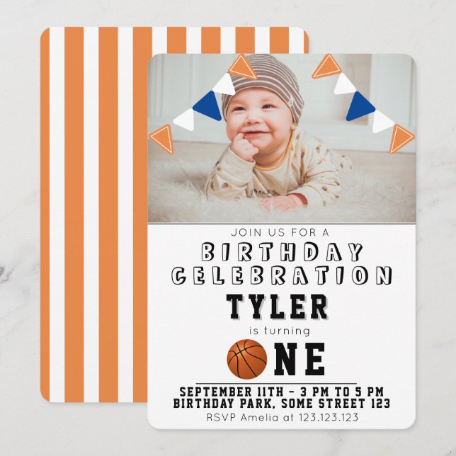 Convite Aniversário de 1 ano Bolas de Basquetebol Fofas Fo (Frente/Verso)