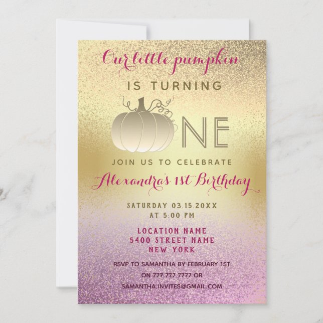 Convite Aniversário de 1 ano Brilho Rosa Dourado Nossa Peq (Frente)