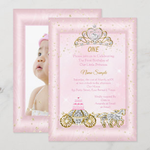 Convite Aniversário de 1 ano Cinderela Carruagem Rosa Blus