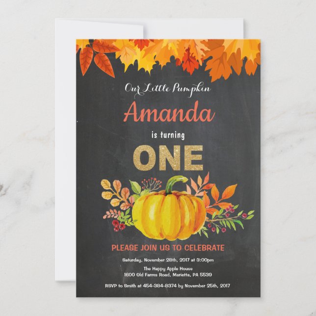 Convite Aniversário de 1 ano com Abóbora Outonal em Quadro (Frente)