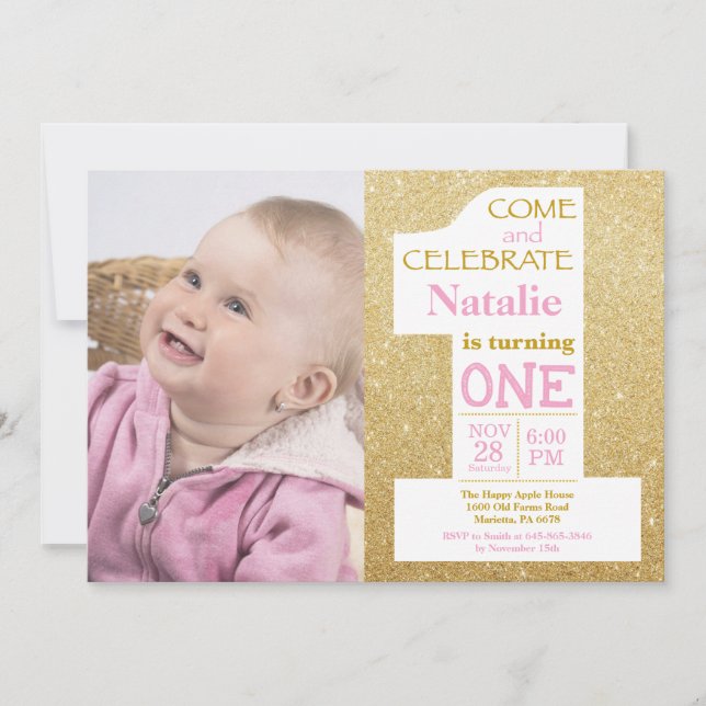 Convite Aniversário de 1 ano com Brilho Dourado e Foto Cor (Frente)