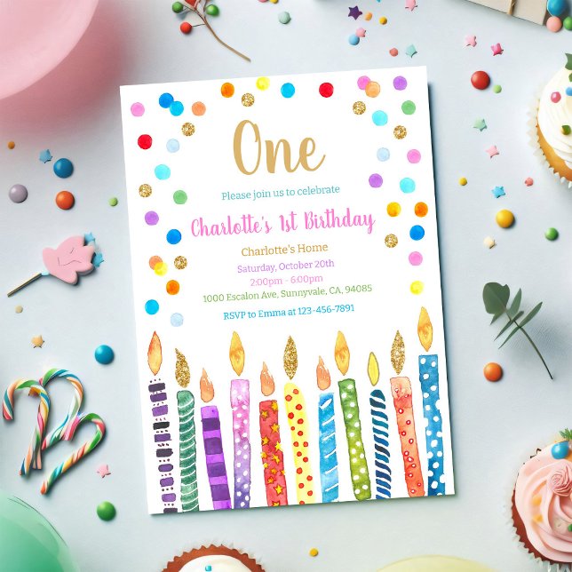 Convite Aniversário de 1 ano com Confetes de Arco-íris Pas (Criador carregado)