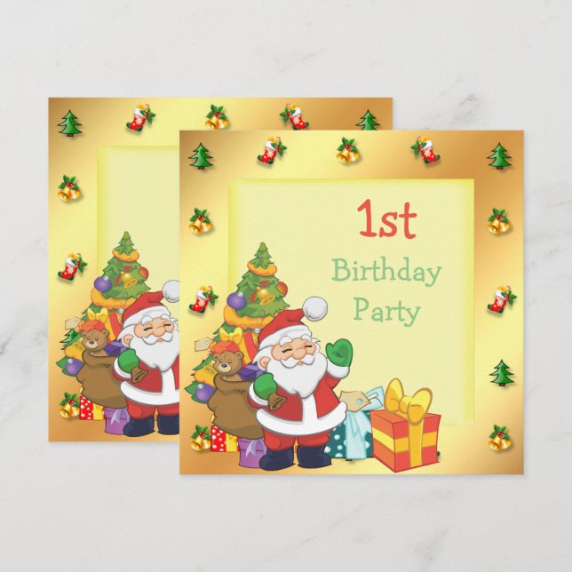 Convite Aniversário de 1 ano com Papai Noel e Presentes em (Frente/Verso)