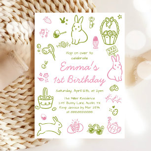 Convite Aniversário de 1 ano com Páscoa Rosa e Verde