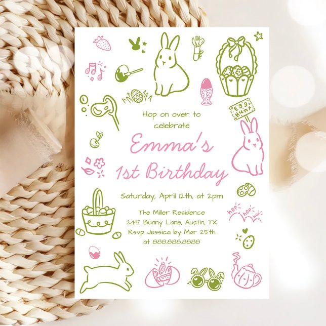 Convite Aniversário de 1 ano com Páscoa Rosa e Verde (Criador carregado)