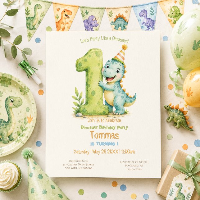 Convite Aniversário de 1 ano com tema de Dinossauro Fofo (Criador carregado)