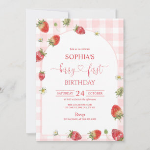Convite Aniversário de 1 Ano com Xadrez Rosa e Frutas
