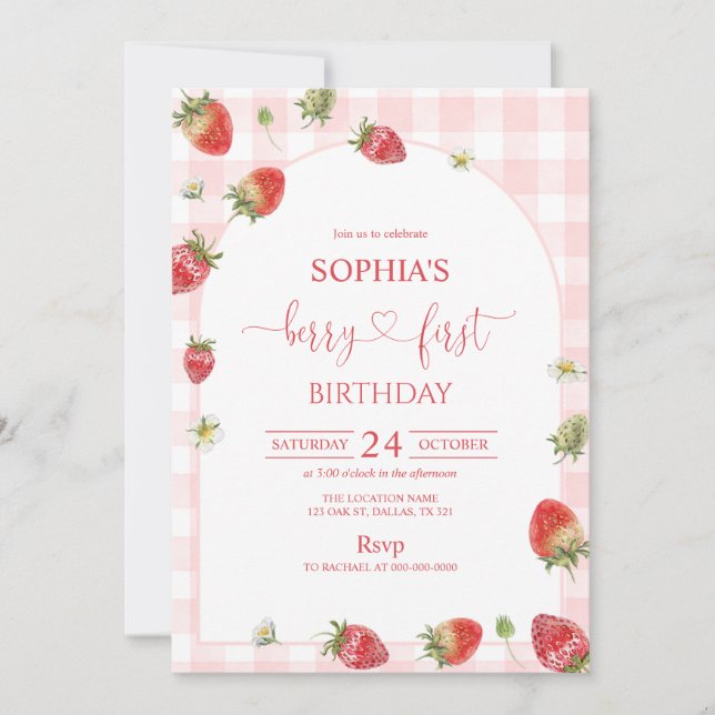 Convite Aniversário de 1 Ano com Xadrez Rosa e Frutas (Frente)
