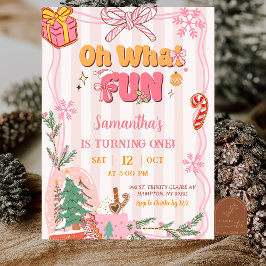 Convite Aniversário de 1 ano cor-de-rosa fofo retrô Natal