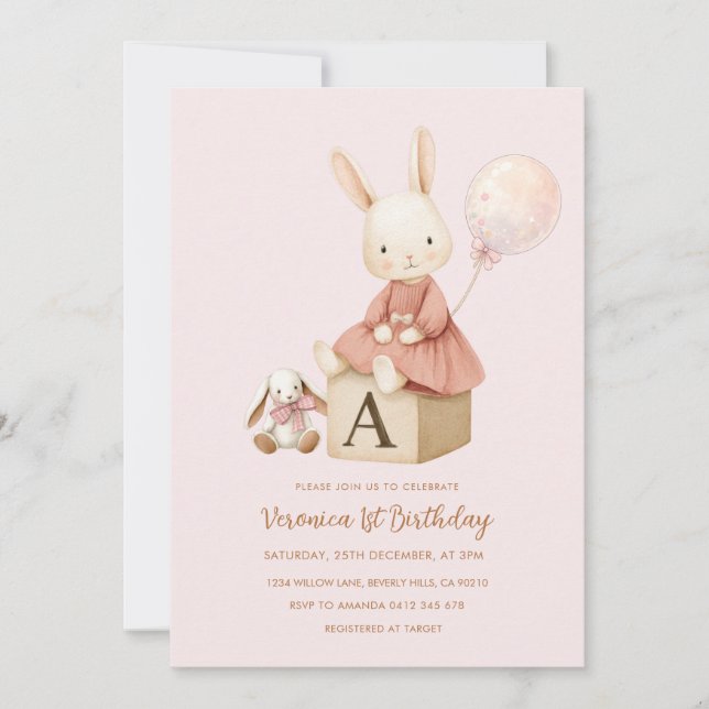 Convite Aniversário de 1 ano da Bunny Rosa (Frente)
