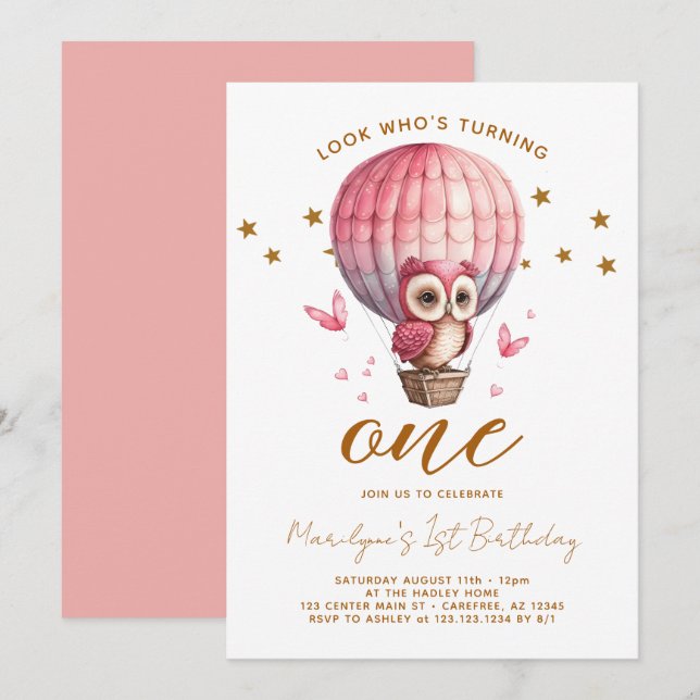 Convite Aniversário de 1 ano da Coruja Rosa (Frente/Verso)