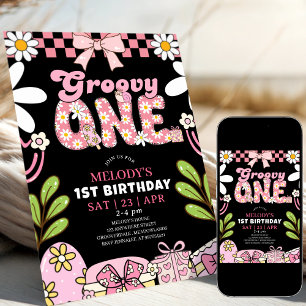 Convite Aniversário de 1 ano da Daisy Rosa e Preto Anivers