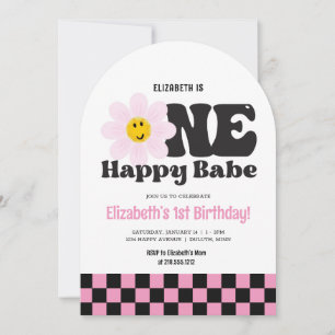 Convite Aniversário de 1 ano da Feliz Bebê Rosa Retro