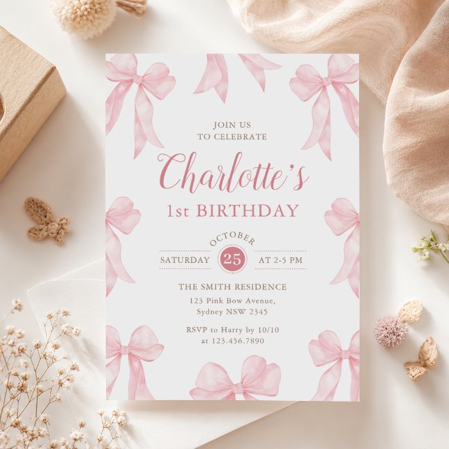Convite Aniversário de 1 ano da Menina com Laço Rosa (Criador carregado)