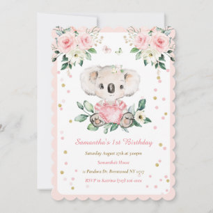 Convite Aniversário de 1 ano da Menina com Urso Koala Pers