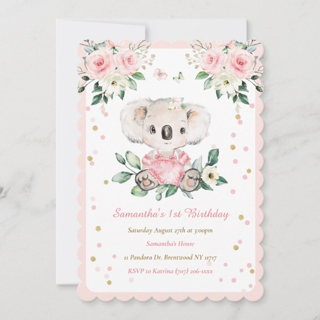 Convite Aniversário de 1 ano da Menina com Urso Koala Pers (Frente)