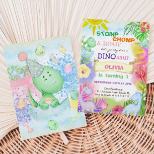 Convite Aniversário de 1 ano da Menina Dinossauro Floral T