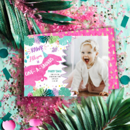 Convite Aniversário de 1 ano da Menina Dinossauro Rosa Pri