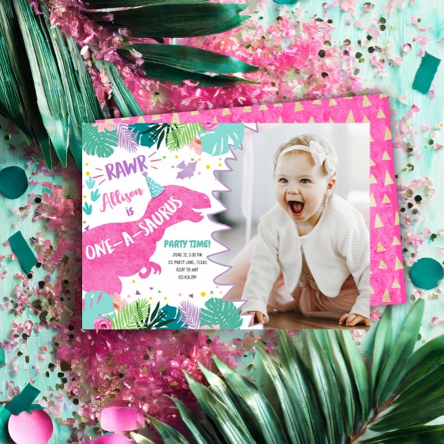 Convite Aniversário de 1 ano da Menina Dinossauro Rosa Pri (Criador carregado)
