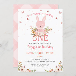 Convite Aniversário de 1 ano da Menina Floral Coelhinho Ro