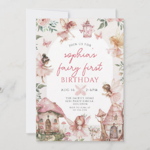 Convite Aniversário de 1 ano da Menina Floral Fada Rosa
